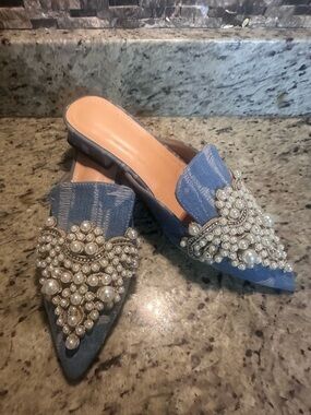 Embellished Denim Blue Pearl-Detail Pointed Mules slides Women Shoes Sz.8